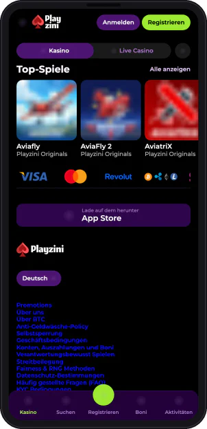 playzini.com in der mobilen Version