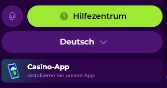 Playzini Hilfecenter mit deutscher Sprachauswahl und Hinweis auf die Casino-App