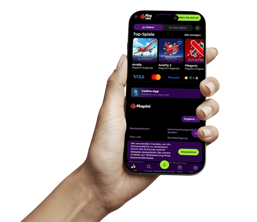 Playzini Casino-App auf einem Smartphone mit Spielauswahl und mobilen Kontofunktionen
