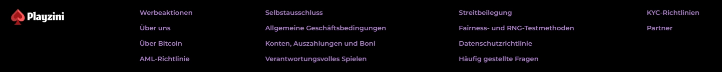Playzini Fußzeile mit KYC-Richtlinien, Auszahlungsbedingungen, AML-Richtlinie und weiteren Kontodokumenten