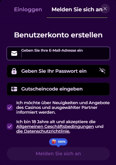 Playzini Registrierung mit E-Mail-Adresse, Passwort, Gutscheincode und 18+-Bestätigung
