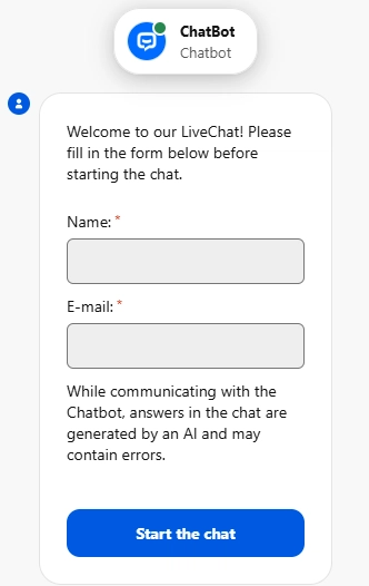 Playzini Live-Chat mit Eingabefeldern für Name und E-Mail