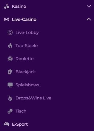 Playzini Seitenmenü mit Casino, Live-Casino und E-Sport sowie verschiedenen Spielbereichen