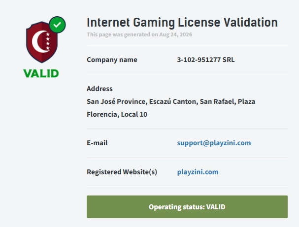 Playzini Lizenzprüfung mit gültigem Status und registrierter Website