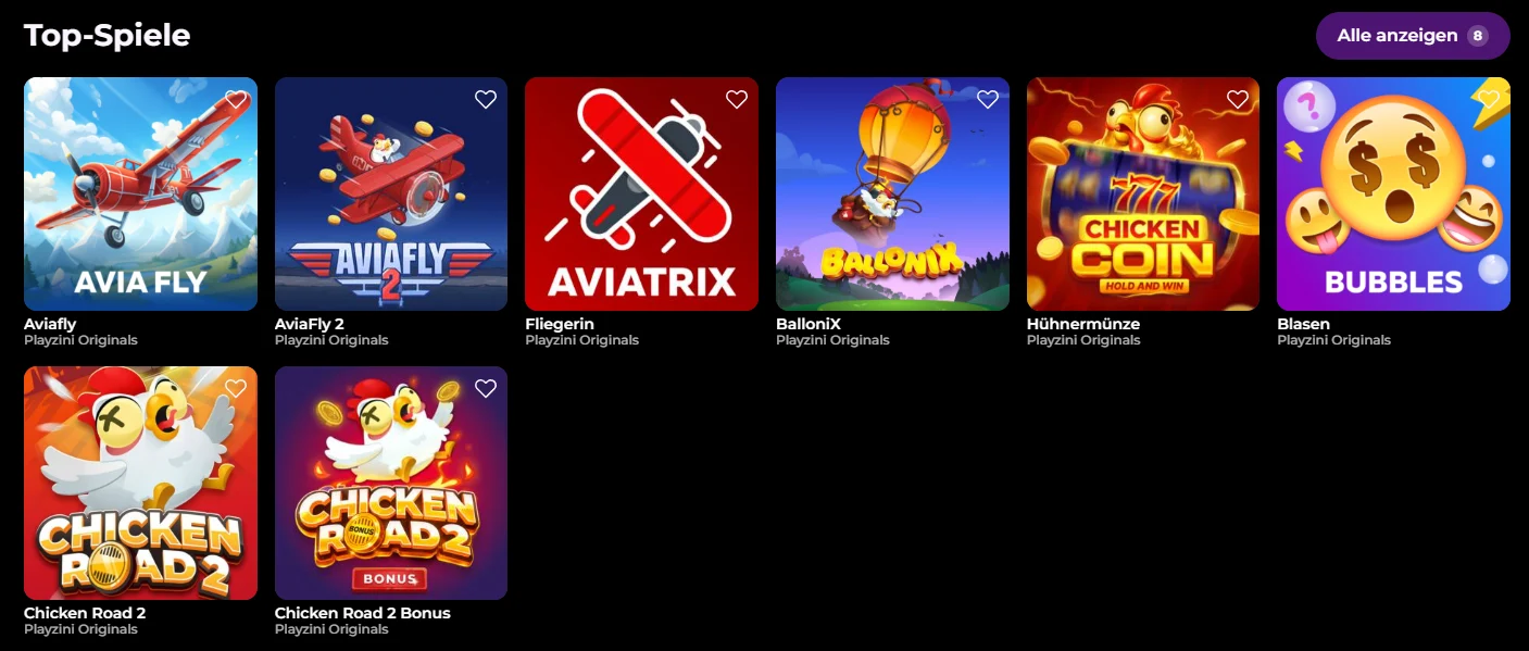 Playzini Originals mit Aviafly, AviatriX, BalloniX, Chicken Coin, Bubbles und Chicken Road 2