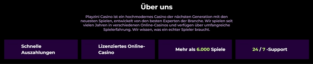 Playzini Über-uns-Seite mit Aussagen zu Auszahlungen, Lizenz, Spielen und 24/7-Support
